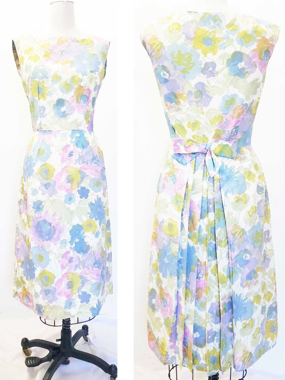 60s Vintage Women's Pastel Floral Print Pleated Bow Mid Century Summer Dress